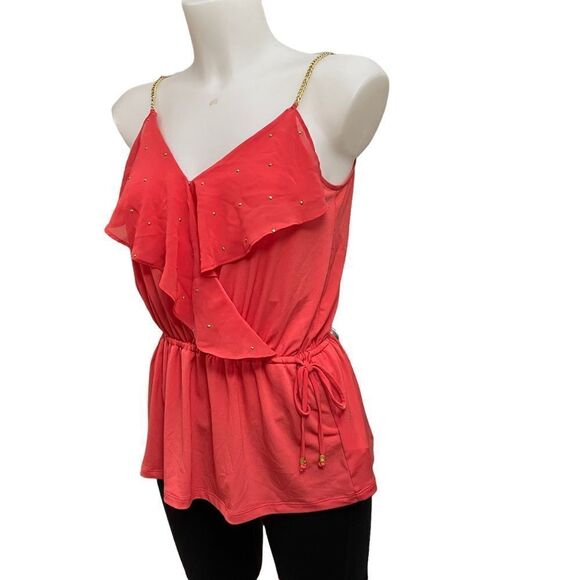 MICHAEL KORS ruffled front vneck gold chain w/ studs chiffon cami top coral szXS - Picture 4 of 8